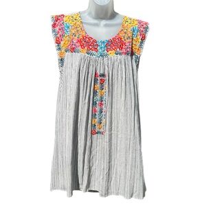 SAVANNA JANE Women Sz L Black White Striped Floral Embroidered Cap Sleeve Dress.